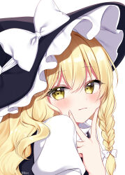 Rule 34 | 1girl, black hat, black vest, blonde hair, blush, bow, braid, closed mouth, fingernails, hair between eyes, hat, hat bow, heart, heart-shaped pupils, highres, kirisame marisa, long hair, looking at viewer, portrait, shinonome asu, shirt, simple background, single braid, solo, symbol-shaped pupils, touhou, twitter username, vest, white background, white bow, white shirt, witch hat, yellow eyes
