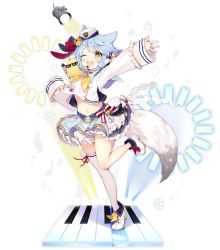 Rule 34 | 1girl, ;d, azur lane, bird, blue hair, byulzzi, chick, crop top, crop top overhang, fang, fox tail, fubuki (azur lane), fubuki (fubuki halation!) (azur lane), full body, hand up, hat, highres, idol, layered skirt, leg up, long sleeves, looking at viewer, manjuu (azur lane), midriff, miniskirt, navel, neckerchief, official alternate costume, official art, one eye closed, open mouth, outstretched arm, sailor hat, shide, shirt, shoes, short hair, single thighhigh, skirt, smile, solo, spotlight, standing, standing on one leg, sunglasses, tail, thighhighs, transparent background, white hat, white shirt, white thighhighs, yellow eyes