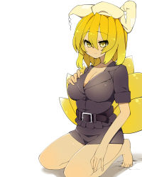 Rule 34 | 1girl, animal ears, bad id, bad pixiv id, belt, blonde hair, breasts, cleavage, cosplay, female focus, fox ears, fox tail, hat, highres, large breasts, police, police uniform, policewoman, solo, tail, thighs, touhou, uniform, white background, yakumo ran, yellow eyes, zuttokodomo