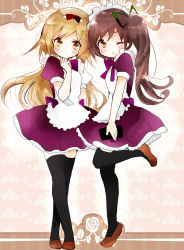 Rule 34 | 2girls, ;&gt;, bad id, bad pixiv id, bow, brown eyes, brown footwear, brown hair, dress, hair bow, hairband, hand on own chest, highres, light brown hair, long hair, maid headdress, multiple girls, original, ribbon, shoes, side ponytail, standing, standing on one leg, thighhighs, tsukiyo (skymint), waitress