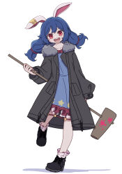 Rule 34 | 1girl, absurdres, ambiguous red liquid, animal ears, black coat, black footwear, blue dress, blue hair, blush, coat, collarbone, dress, earclip, full body, highres, holding, kame (kamepan44231), kine, long hair, long sleeves, looking at viewer, mallet, open clothes, open coat, open mouth, rabbit ears, red eyes, seiran (touhou), shoes, simple background, smile, socks, solo, teeth, touhou, upper teeth only, white background, white socks
