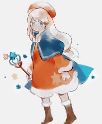 Rule 34 | 1girl, 845319253, blue eyes, boots, bow, bowtie, braid, brown footwear, capelet, cookie run, cream puff cookie, full body, hat, highres, humanization, long hair, personification, ponytail, solo, staff, wand, white hair
