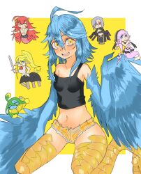 Rule 34 | 6+girls, ahoge, arthropod girl, bird legs, black tank top, blue feathers, blue hair, blue wings, breasts, centorea shianus, commentary request, feathered wings, feathers, hair between eyes, harpy, highres, long hair, looking at viewer, meroune lorelei, micro shorts, midriff, miia (monster musume), monster girl, monster musume no iru nichijou, multiple girls, navel, nebula flabby, open mouth, papi (monster musume), rachnera arachnera, shorts, small breasts, solo focus, strap slip, suu (monster musume), tank top, teeth, two-tone background, upper teeth only, white background, winged arms, wings, yellow background, yellow eyes