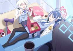 Rule 34 | 3girls, absurdres, blue archive, carpet, chocolate doughnut, coffee, coffee mug, couch, cup, doughnut, food, fubuki (blue archive), halo, highres, holding, holding cup, holding food, kanna (blue archive), kirino (blue archive), lying, megaphone, mug, multiple girls, on back, on couch, pastry box, police, police badge, police uniform, policewoman, rahy, scared, shoes, unworn shoes, sneakers, uniform