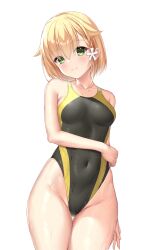 Rule 34 | 1girl, absurdres, black one-piece swimsuit, blonde hair, breasts, collarbone, competition swimsuit, covered navel, green eyes, hair ornament, hairclip, highleg, highleg swimsuit, highres, kariya wakana, ncontrail (mgax7527), one-piece swimsuit, sanoba witch, short hair, simple background, small breasts, solo, swimsuit, thigh gap, two-tone swimsuit