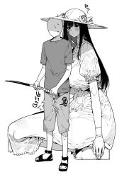 Rule 34 | 1boy, 1girl, black hair, blush, breasts, chomoran, commentary request, dress, faceless, faceless male, fishing rod, flower, gloves, greyscale, hasshaku-sama, hat, hat flower, height difference, highres, holding, holding fishing rod, large breasts, long hair, looking at another, monochrome, original, sandals, short sleeves, shorts, sitting, sun hat, sundress, sweatdrop, tall, tall female, translation request, white dress