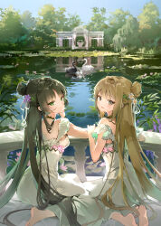 Rule 34 | 2girls, anmi, architecture, bare shoulders, barefoot, bird, black hair, blonde hair, blue sky, blush, clear sky, closed mouth, commentary request, day, dress, duck, fence, flower, from behind, full body, greco-roman architecture, green eyes, grey eyes, hair bun, hair flower, hair ornament, hair over shoulder, half updo, highres, house, leaf, long hair, looking at viewer, looking back, multiple girls, off-shoulder dress, off shoulder, open mouth, original, plant, pond, purple flower, sidelocks, sitting, sky, smile, swan, tree, very long hair, water, water lily flower, white dress, white flower, willow