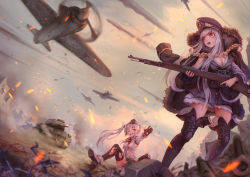 Rule 34 | 2girls, aircraft, airplane, artist name, barbed wire, battle, belt, black footwear, black gloves, black legwear, blood, blurry, bolt action, boots, braid, breasts, bucked, buckle, building, cleavage, coat, cross, crying, crying with eyes open, depth of field, dust cloud, flying, fur trim, girls&#039; frontline, gloves, grey sky, gun, hat, highres, holding, holding gun, holding weapon, injury, jay xu, kar98k (girls&#039; frontline), layered skirt, long hair, long sleeves, mauser 98, medium breasts, mg42 (girls&#039; frontline), military, military hat, military vehicle, motor vehicle, multiple girls, one eye closed, open mouth, outdoors, outstretched arms, peaked cap, propeller, purple eyes, reaching, reaching towards viewer, red eyes, red star, rifle, rubble, silver hair, sitting, skirt, sky, smoke, soviet, standing, star (symbol), t-34, tank, tears, teeth, thigh boots, thighhighs, tongue, torn clothes, torn legwear, twintails, vehicle request, war, weapon, weapon request, white skirt, wince, zettai ryouiki