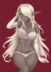 Rule 34 | 1girl, arm up, bare shoulders, blonde hair, blush, bra, breasts, cleavage, collarbone, colored skin, commentary request, dark-skinned female, dark elf, dark skin, earrings, elbow gloves, elf, etrian odyssey, gloves, hair over one eye, jewelry, kazabuki poni, lace, lace-trimmed bra, lace-trimmed panties, lace trim, large breasts, lips, long hair, looking at viewer, navel, panties, parted lips, pointy ears, purple eyes, red background, simple background, sitting, solo, underwear, underwear only, very long hair, warlock (sekaiju), white bra, white gloves, white hair, white panties