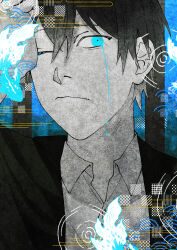 Rule 34 | 1boy, black hair, blue background, blue eyes, closed mouth, collared shirt, crying, crying with eyes open, fish, goldfish, hand on own face, haori, highres, japanese clothes, koshotengai no hashihime, male focus, official style, one eye closed, ripples, shirt, short hair, shrount, solo, tamamori (koshotengai no hashihime), tears, tears from one eye, white shirt