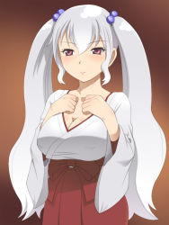 Rule 34 | 1girl, blush, breasts, cleavage, grey hair, hair bobbles, hair ornament, japanese clothes, long hair, meow (nekodenki), miko, purple eyes, solo, twintails