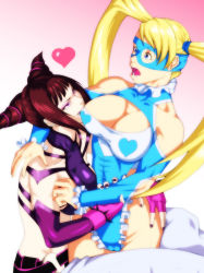 Rule 34 | 1990s (style), 2girls, arm grab, bare shoulders, belt, blonde hair, blue eyes, bracelet, breast biting, breasts, capcom, cleavage, clothing cutout, drill hair, elbow sleeve, gradient background, halterneck, han juri, hand on own hip, heart, jewelry, large breasts, leg lock, looking at another, mask, multiple girls, nail polish, open mouth, pink nails, purple eyes, rainbow mika, raliugaxxx, retro artstyle, shoulder cutout, smile, spiked bracelet, spikes, street fighter, street fighter iv (series), street fighter zero (series), surprised, twin drills, twintails, wrestling outfit, yuri