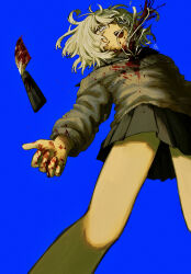 Rule 34 | 1girl, bare legs, bleeding, blonde hair, blood, blood on clothes, blood on face, blood on hands, blood splatter, blood stain, bloody knife, bloody weapon, blue background, blue eyes, commentary, crazy smile, english commentary, feet out of frame, foreshortening, from below, guro, highres, injury, knife, legs, long sleeves, looking up, medium hair, messy hair, miniskirt, open mouth, original, pleated skirt, school uniform, serafuku, simple background, skirt, smile, solo, standing, suuno kamibukuro, sweater, teeth, weapon