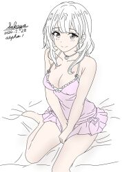 Rule 34 | 1girl, barefoot, between legs, blush, breasts, cleavage, closed mouth, commentary request, dated, dress, grey eyes, hand between legs, long hair, looking at viewer, medium breasts, original, pink dress, sakayaya, signature, simple background, sitting, sleeveless, sleeveless dress, smile, solo, white background, white hair