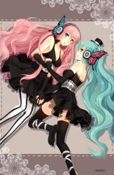 Rule 34 | 2girls, aqua eyes, aqua hair, bad id, bad pixiv id, breasts, cocktail dress, dress, elbow gloves, fingerless gloves, gloves, hat, hatsune miku, headphones, holding hands, interlocked fingers, kyurin (sunnydelight), large breasts, long hair, looking at viewer, magnet (vocaloid), megurine luka, mini hat, mini top hat, multiple girls, nail polish, open mouth, pantyhose, pink hair, strapless, strapless dress, striped clothes, striped legwear, striped pantyhose, thighhighs, top hat, vertical-striped clothes, vertical-striped legwear, vertical-striped pantyhose, very long hair, vocaloid, yuri