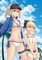 Rule 34 | 2girls, :d, ahoge, artoria pendragon (all), artoria pendragon (fate), bare shoulders, baseball cap, bikini, bikini skirt, black bow, blonde hair, blue choker, blue eyes, blue scarf, bow, breasts, choker, cleavage, cloud, cloudy sky, collarbone, commentary, cross (crossryou), day, fate/grand order, fate (series), hair between eyes, hair bow, hat, jacket, long hair, looking at viewer, medium breasts, multiple girls, mysterious heroine x (fate), open mouth, outdoors, ponytail, revision, saber lily, scarf, shorts, sky, smile, thigh strap