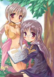 Rule 34 | 2girls, armlet, bikini, blush, book, bottomless, breasts, censored, convenient censoring, dancer, dancer (ragnarok online), day, earrings, field, glasses, grey hair, jewelry, looking at viewer, lots of jewelry, medium breasts, multiple girls, neck ring, priest, priest (ragnarok online), priestess, ragnarok online, swimsuit, tail, thighhighs, yellow bikini