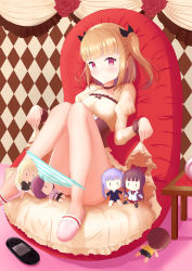 Rule 34 | 10s, 1girl, blonde hair, blush, breasts, character doll, handheld game console, highres, iijima yun, kagamigami (kamikagami), looking at viewer, new game!, panties, panty pull, playstation portable, pussy juice, red eyes, ribbon, shinoda hajime, sitting, skirt, slippers, small breasts, smile, solo, striped clothes, striped panties, suzukaze aoba, takimoto hifumi, tooyama rin, twintails, two side up, underwear, upskirt, yagami kou