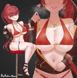 Rule 34 | 1girl, absurdres, aestheticc-meme, alternate costume, artist name, bare shoulders, bikini, bikini under clothes, breasts, chain, earrings, grin, heart, heterochromia, high heels, highres, hololive, hood, hooded jacket, houshou marine, houshou marine (summer), jacket, jewelry, large breasts, legs, lips, multiple views, naughty face, navel, parted lips, plaid, ponytail, pulling own clothes, red bikini, red eyes, red hair, sandals, signature, simple background, smile, steam, steaming body, stool, swimsuit, thong, virtual youtuber, yellow eyes
