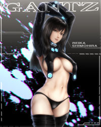 Rule 34 | 1girl, armpits, arms up, big.g, black background, black gloves, black hair, black theme, black thighhighs, blurry, border, breasts, brown eyes, character name, copyright name, covered erect nipples, cowboy shot, eyelashes, gantz, gantz suit, gloves, glowing, gradient background, groin, head tilt, highres, large breasts, lips, long hair, looking at viewer, navel, parted lips, shimohira reika, skin tight, skindentation, solo, splatter, stomach, swept bangs, thighhighs, underboob
