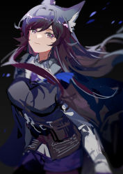 Rule 34 | 1girl, arknights, black background, black cape, black vest, blue necktie, blue shorts, breasts, cape, closed mouth, cowboy shot, highres, indai (3330425), large breasts, long hair, long sleeves, looking at viewer, necktie, purple eyes, purple hair, shirt, shorts, simple background, sketch, solo, speech bubble, texas (arknights), texas the omertosa (arknights), very long hair, vest, white shirt
