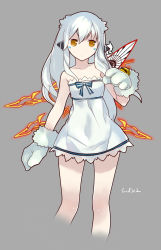 Rule 34 | 1girl, bad id, bad pixiv id, bare shoulders, bell, collarbone, dress, elsword, eve (elsword), grey background, highres, horns, long hair, looking at viewer, mittens, sketch, solo, swd3e2, white dress, white hair, yellow eyes