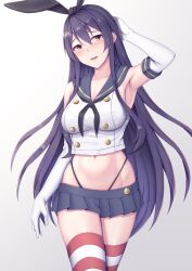 Rule 34 | 1girl, :d, absurdres, arm up, armpits, black eyes, black hair, blush, breasts, chikuma (kancolle), commentary request, commission, cosplay, cowboy shot, crop top, elbow gloves, gloves, hair between eyes, highres, kantai collection, large breasts, long hair, miniskirt, navel, ohguro mariya, open mouth, school uniform, serafuku, shimakaze (kancolle), shimakaze (kancolle) (cosplay), simple background, skeb commission, skirt, smile, solo, standing, striped clothes, striped thighhighs, thighhighs, white background, white gloves