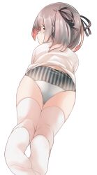 Rule 34 | 1girl, ass, black ribbon, brown hair, comah, hair ribbon, highres, looking away, looking to the side, lying, no pants, no shoes, on stomach, original, panties, red eyes, ribbon, shirt, simple background, soles, solo, striped clothes, striped panties, thighhighs, two side up, underwear, vertical-striped clothes, vertical-striped panties, white background, white shirt, white thighhighs