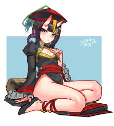 Rule 34 | 1girl, alternate costume, arm support, artist name, black dress, black hair, blue background, blunt bangs, blush, braid, chinese clothes, cleavage cutout, clothing cutout, commentary request, dated, dress, fate/grand order, fate (series), flat chest, full body, gold trim, hair between eyes, hat, horns, juliet sleeves, long sleeves, looking at viewer, no panties, ofuda, oni, pelvic curtain, pointy ears, puffy sleeves, qingdai guanmao, short hair, shuten douji (fate), shuten douji (festival outfit) (fate), sitting, skin-covered horns, solo, thighs, tseng-en