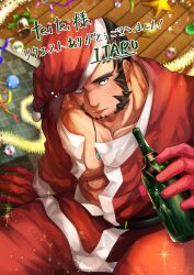 Rule 34 | 1boy, abs, alternate costume, bara, bottle, chest hair, christmas, christmas ornaments, commission, drunk, feet out of frame, forked eyebrows, from above, hachimaki, hat, headband, itaru (kidomh63), jewelry, large pectorals, long sideburns, looking at viewer, looking up, magatama, magatama necklace, male focus, mature male, muscular, muscular male, mutton chops, necklace, nejiri hachimaki, parted lips, partially undressed, pectoral cleavage, pectorals, santa costume, santa hat, short hair, sideburns, sitting, skeb commission, solo, sparkle, tajikarao (housamo), tokyo houkago summoners, translation request, tusks, wine bottle