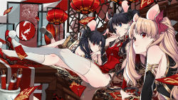 Rule 34 | 3girls, animal ears, ass, asymmetrical legwear, bare shoulders, black gloves, black hair, black panties, blonde hair, blue eyes, breasts, brown hair, china dress, chinese clothes, crossed legs, dress, elbow gloves, envelope, ereshkigal (fate), fang, fate/stay night, fate (series), gloves, highres, ishtar (fate), kneehighs, lantern, looking at viewer, lying, mouse ears, mouse tail, multiple girls, on stomach, panties, red eyes, smile, socks, tail, thighhighs, tohsaka rin, twintails, underwear, uneven legwear, white legwear, yaoshi jun