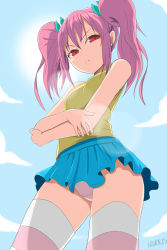 Rule 34 | 1girl, artist name, bare arms, bare shoulders, blue skirt, blue sky, breasts, closed mouth, cloud, cloudy sky, cowboy shot, crossed arms, day, from below, green ribbon, green shirt, hair between eyes, hair ornament, hair ribbon, highres, legs apart, lens flare, long hair, miniskirt, morris1611, original, outdoors, panties, pantyshot, pink hair, pink panties, pleated skirt, red eyes, ribbon, shirt, skirt, sky, sleeveless, sleeveless shirt, small breasts, solo, standing, striped clothes, striped thighhighs, sun, sunlight, thighhighs, twintails, underwear, upskirt