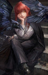 Rule 34 | 1girl, absurdres, bird, black coat, black footwear, black pants, chainsaw man, coat, crossed legs, crow, head on arm, highres, long coat, long hair, looking at viewer, makima (chainsaw man), miche, mouse (animal), pants, red hair, shirt, sidelocks, sitting, sitting on stairs, smile, solo, stairs, white shirt, yellow eyes