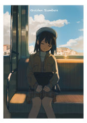 Rule 34 | 1girl, bag, bag on lap, black hair, blouse, blue sky, border, brown jacket, building, checkered clothes, checkered dress, closed eyes, cloud, commentary request, day, dress, english text, feet out of frame, handbag, hands on lap, hat, highres, jacket, medium hair, mountainous horizon, open mouth, original, shirt, sitting, sky, skyline, sleeping, solo, sunlight, tadano natsu, train interior, white border, white hat, white shirt