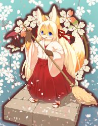 Rule 34 | 1girl, artist request, blonde hair, blue eyes, borrowed character, female focus, flower, fox, full body, furry, furry female, gradient background, highres, japanese clothes, kishibe, long hair, open mouth, plant, solo