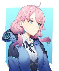 Rule 34 | 1girl, ahoge, arknights, blue background, blue eyes, blue jacket, blue poison (arknights), blue ribbon, commentary, english commentary, highres, hood, hooded jacket, jacket, long hair, low twintails, neck ribbon, open clothes, open jacket, pink hair, ribbon, shinidei, shirt, smile, solo, twintails, upper body, white background, white shirt, wing collar