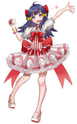 Rule 34 | 1girl, :d, arm up, black hair, bow, bracelet, creatures (company), dawn (pokemon), dress, eyelashes, frills, full body, game freak, grey eyes, hair bow, high heels, highres, holding, holding poke ball, jewelry, knees, long hair, looking at viewer, nintendo, open mouth, poke ball, pokemon, pokemon bdsp, red bow, setta shu, short sleeves, sidelocks, smile, solo, star (symbol), tongue, white footwear, yellow bow
