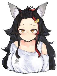 Rule 34 | 1girl, animal ear fluff, animal ears, asymmetrical clothes, asymmetrical shirt, black choker, black hair, blush, breasts, choker, closed mouth, clothing cutout, commentary request, embarrassed, flipped hair, forehead, hair ornament, hairclip, highres, hololive, long hair, looking at viewer, medium breasts, multicolored hair, official alternate costume, ookami mio, ookami mio (casual), paw print, paw print pattern, red hair, shirt, shoulder cutout, sidelocks, simple background, solo, spiked hair, streaked hair, suzu coconatu, upper body, virtual youtuber, white background, white shirt, wolf ears, wolf girl, yellow eyes