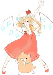 Rule 34 | 1girl, absurdres, arm up, ascot, blonde hair, crystal, flandre scarlet, full body, gotou (nekocat), hand over face, hand up, hat, highres, looking at viewer, mob cap, nail polish, one side up, pointy ears, red eyes, red footwear, red nails, red skirt, red vest, shirt, shoes, short sleeves, simple background, skirt, solo, touhou, vest, white background, white hat, white shirt, wings, yellow ascot