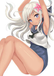 Rule 34 | 10s, 1girl, armpits, bad id, bad pixiv id, blue eyes, flower, hair flower, hair ornament, harimoji, kantai collection, long hair, one-piece swimsuit, ro-500 (kancolle), school swimsuit, silver hair, simple background, solo, swimsuit, tan, white background