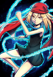 Rule 34 | 1girl, absurdres, angry, aura, bandana, beads, black dress, blonde hair, blue background, bracelet, dress, fighting stance, fire, glowing, highres, jewelry, kyouyama anna, necklace, sandals, shaman king, short hair, silverchariotx, solo, yellow eyes