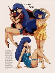 Rule 34 | 1girl, alternate costume, barefoot, black footwear, blue hair, breasts, brown background, brown eyes, cartoonized, character name, cleavage, collarbone, commentary, denim, denim shorts, dirty pair, dress, english commentary, english text, floating hair, gutalalaman, hat, high heels, highres, long hair, looking at viewer, medium breasts, midriff, mughi, multiple views, navel, parted lips, pinup (style), plaid, plaid shirt, polka dot, polka dot dress, shirt, short shorts, shorts, sitting, smile, sun hat, tied shirt, toon (style), twin peaks (restaurant), unmoving pattern, very long hair, yellow dress, yuri (dirty pair)