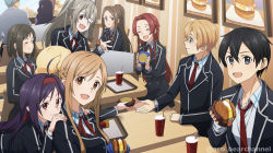 Rule 34 | 3boys, 6+girls, aco (bearchannel), ahoge, alice zuberg, asuna (sao), asymmetrical bangs, bercouli (sao), black eyes, black hair, black jacket, blazer, blonde hair, blouse, blue hair, braid, brown eyes, brown hair, burger, collared shirt, drink, drinking straw, eugeo, eydis (sao), fanatio synthesis two, fast food, food, french braid, french fries, giving, green eyes, hair between eyes, hairband, hands on another&#039;s shoulders, highres, holding, holding food, indoors, jacket, kirito, long hair, looking at another, looking at viewer, multiple boys, multiple girls, neck ribbon, necktie, on chair, parted bangs, ponytail, purple hair, red eyes, red hair, red hairband, red necktie, red ribbon, restaurant, ribbon, ronye arabel, school uniform, shirt, short hair, sitting, sortiliena serlut, sword art online, sword art online: alicization, sword art online: alicization rising steel, sword art online: unleashed blading, tiese schtrinen, twitter username, two side up, wavy hair, white shirt, yuuki (sao)