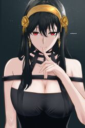 Rule 34 | 1girl, absurdres, bare shoulders, black hair, breasts, cleavage, closed mouth, earrings, flower, glint, gold earrings, gold hairband, hair flower, hair ornament, hairband, hand up, highres, index finger raised, jewelry, large breasts, light particles, looking at viewer, mymzi, red eyes, rose, signature, solo, spy x family, upper body, yor briar
