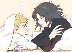 Rule 34 | 2boys, bed sheet, beige background, black hair, black shirt, blonde hair, crossed arms, granblue fantasy, heart, kishiyama, lancelot (granblue fantasy), looking at another, male focus, multiple boys, open mouth, pillow, shirt, simple background, vane (granblue fantasy), white shirt, yaoi, yellow background