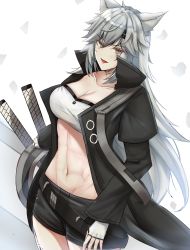 Rule 34 | 1girl, :d, absurdres, animal ears, arknights, bandeau, black jacket, black shorts, breasts, cleavage, collarbone, commentary request, cowboy shot, fingerless gloves, gloves, grey eyes, hair ornament, hairclip, highres, jacket, lappland (arknights), large breasts, long hair, long sleeves, looking at viewer, midriff, navel, open clothes, open jacket, open mouth, scar, scar across eye, scar on face, shorts, silver hair, sinorder, smile, solo, standing, stomach, strapless, tube top, very long hair, white background, white gloves, wolf ears