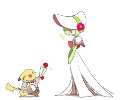 Rule 34 | 1boy, arm up, ban (ban62460424), black eyes, blue flower, blush stickers, boater hat, bob cut, bonnet, bow, bowtie, capelet, clothed pokemon, colored skin, commentary request, creatures (company), flower, from side, full body, game freak, gardevoir, gardevoir (fashionable), gen 1 pokemon, gen 3 pokemon, green hair, green skin, grey jacket, hand up, happy, hat, hat flower, holding, holding clothes, holding flower, holding hat, jacket, long sleeves, looking down, looking up, male focus, multicolored skin, nintendo, notice lines, open mouth, own hands together, pikachu, pikachu (fashionable), pink flower, pink trim, pokemon, pokemon (creature), pokemon unite, profile, red bow, red bowtie, red eyes, red flower, red rose, rose, short hair, simple background, smile, sparkle, standing, traditional bowtie, trap, two-tone skin, unworn hat, unworn headwear, v arms, white background, white capelet, white headwear, white skin, yellow flower