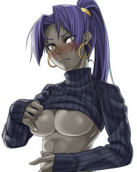 Rule 34 | 1girl, abs, areola slip, asashin (kazami-tomo), assassin (fate/zero), bad id, bad pixiv id, black skin, blush, breasts, brown eyes, clothes lift, colored skin, dark-skinned female, dark skin, earrings, fate/zero, fate (series), female assassin (fate/zero), female focus, fingernails, grey skin, head tilt, high ponytail, hoop earrings, jewelry, large breasts, lips, lipstick, long fingernails, long hair, looking at viewer, makeup, no bra, ponytail, purple hair, purple lips, ribbed sweater, simple background, sleeves past wrists, solo, sweater, sweater lift, turtleneck, underboob, upper body, white background