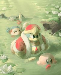 Rule 34 | &gt; &lt;, bandana, bandana waddle dee, blue eyes, blue headwear, closed mouth, coat, closed eyes, flower, from above, fur trim, green background, hat, highres, king dedede, kirby, kirby&#039;s return to dream land, kirby (series), light rays, lily pad, log, long sleeves, meta knight, moss, nintendo, open mouth, outdoors, partially submerged, polearm, red coat, red headwear, spear, stardust-dreamii, sunbeam, sunlight, waddle dee, wading, walking, weapon, white flower, wings