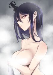 Rule 34 | 10s, 1girl, bad id, bad pixiv id, black hair, breasts, cleavage, convenient censoring, family computer robot, headgear, kantai collection, long hair, looking at viewer, middle finger, nude, purple eyes, red eyes, silhouette, solo, steam, steam censor, towel, wet, yamashiro (kancolle), yuzuruka (bougainvillea)